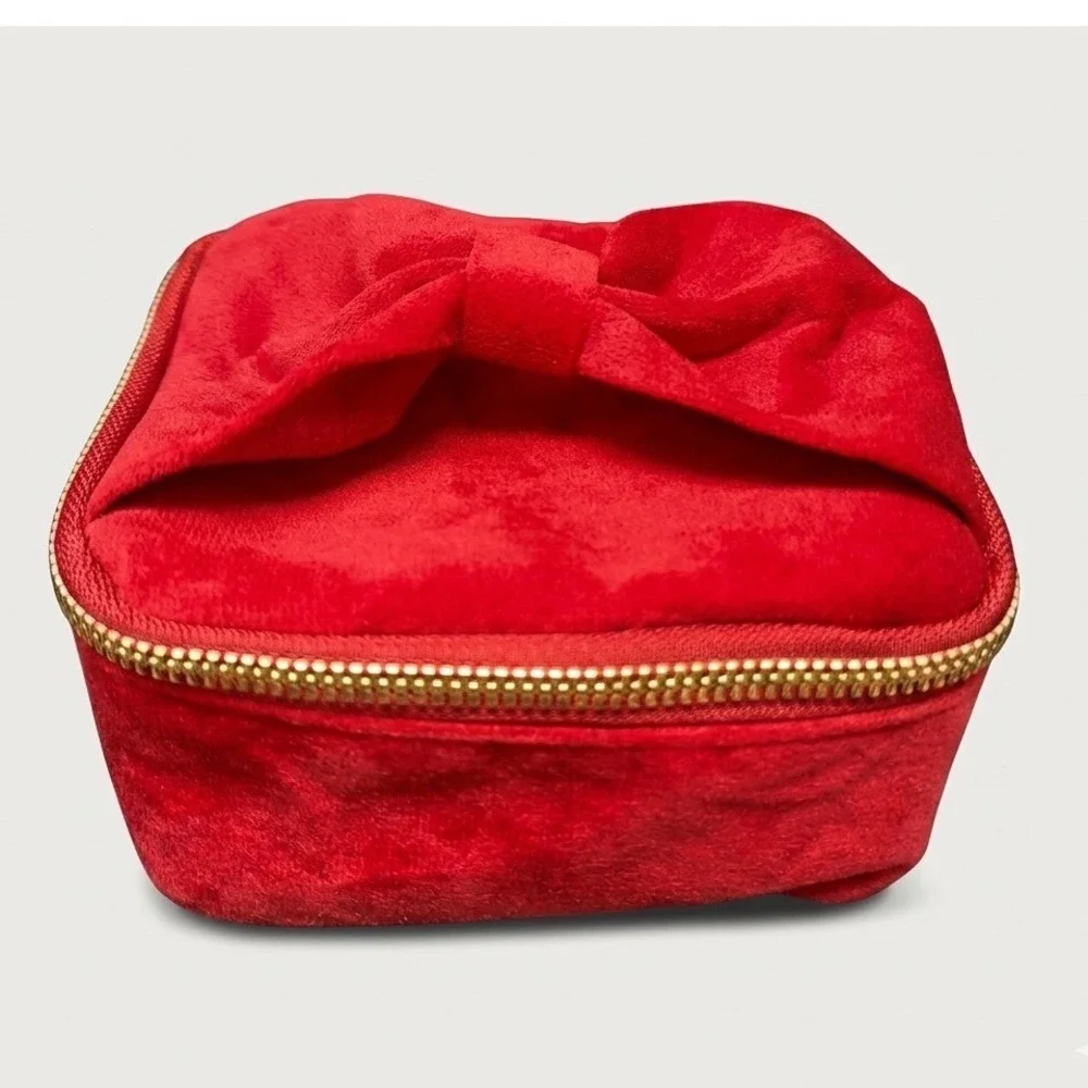Jessica Simpson Red Velvet Mini Bow Jewelry Travel Case Square Zip Organizer Bag